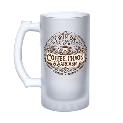 I Run On Coffee Chaos Sarcasm - 16oz Frosted Glass Beer Stein Thumbnail